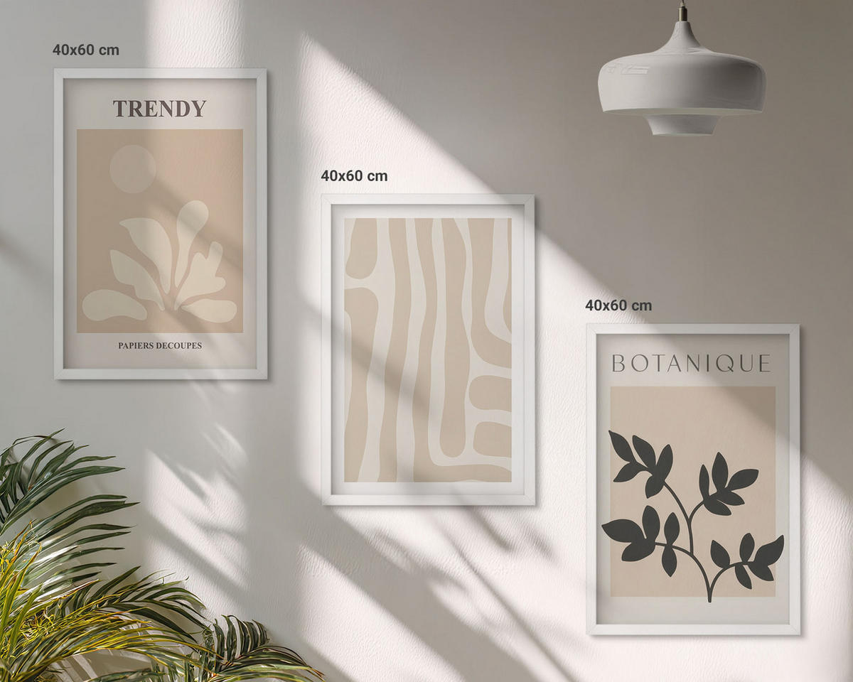 WANDBILDER 3er-Set - 40x60 cm Weißer Rahmen - Stilvolle Pflanzenmuster in Beige und Schwarz - Weiß, Kunststoff (40/60cm) - ArtPrintCave