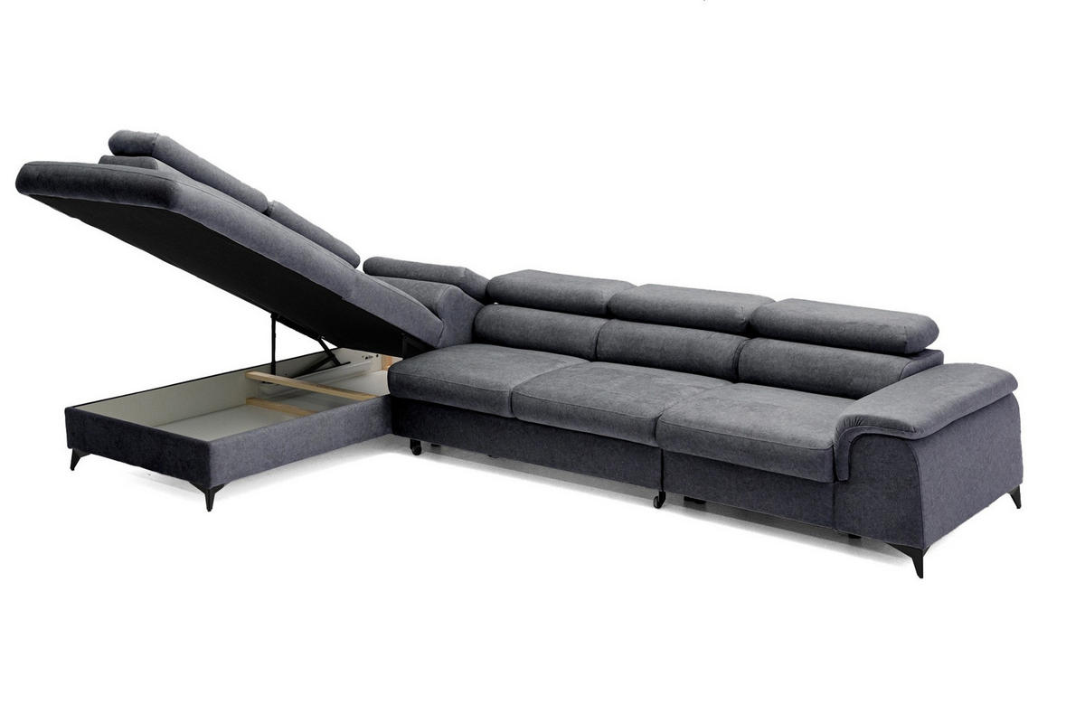 ECKSOFA PLAZA MAXI Links mit Schlaffunktion 127x195 Velours Dunkelgrau - Dunkelgrau/Schwarz, Holz/Textil (350/203cm) - Muffo