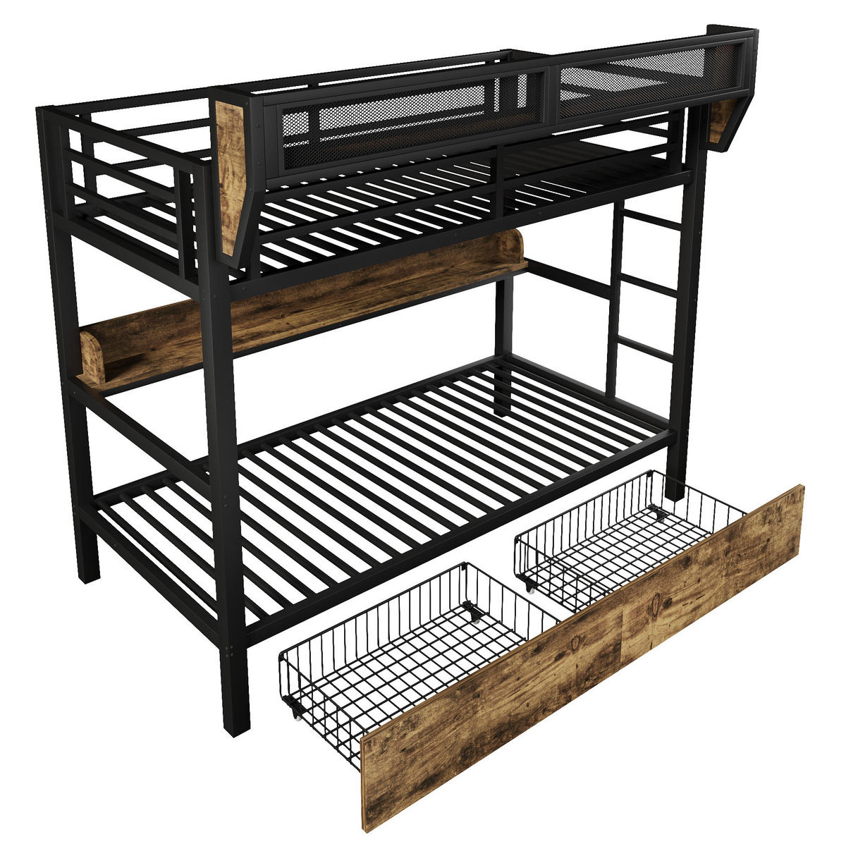 ETAGENBETT 90/200 cm aus Metall und MDF mit LED-Licht und Stauraum Schwarz - Schwarz, Holzwerkstoff (90/200cm) - Modenvie