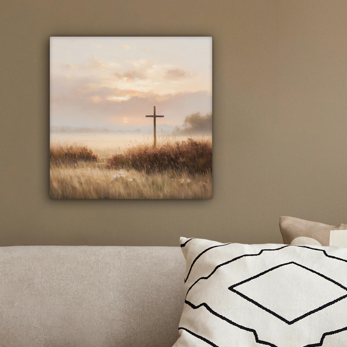 LEINWANDBILD Gras - Morgennebel - Kreuz - Christentum Deko Wohnzimmer 20x20 cm - Beige, Textil (20/20cm) - MuchoWow