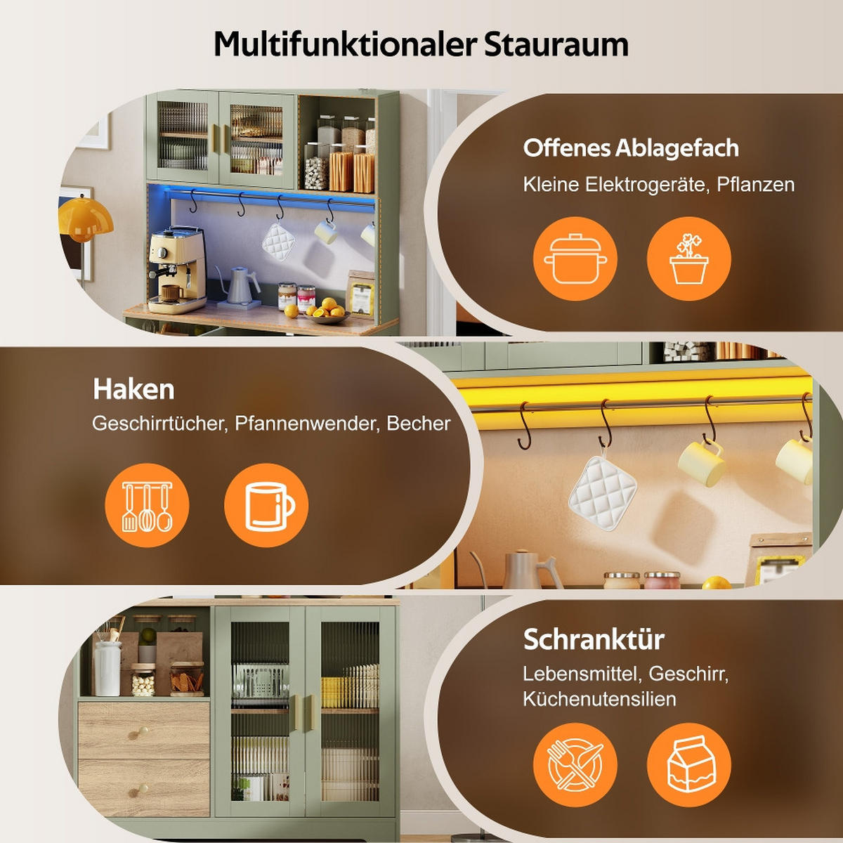 KÜCHENSCHRANK mit LED, Hochschrank, Vitrine mit Glastüren, Weinregal, Grün-Holzoptik, 110/40/178 cm - Grün, Kunststoff (40/178/110cm) - Rolipo