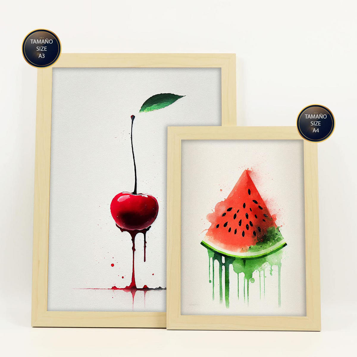 POSTER Set Mit 6 Rote Früchte Plakate Von Obst Gemüse & Gesunden Lebensmitteln Im Aquarell Kunst Auf Reinweißen A3 & A4 Rahmen Aus Hellem Holz - Beige, Papier (29/3cm) - Nacnic