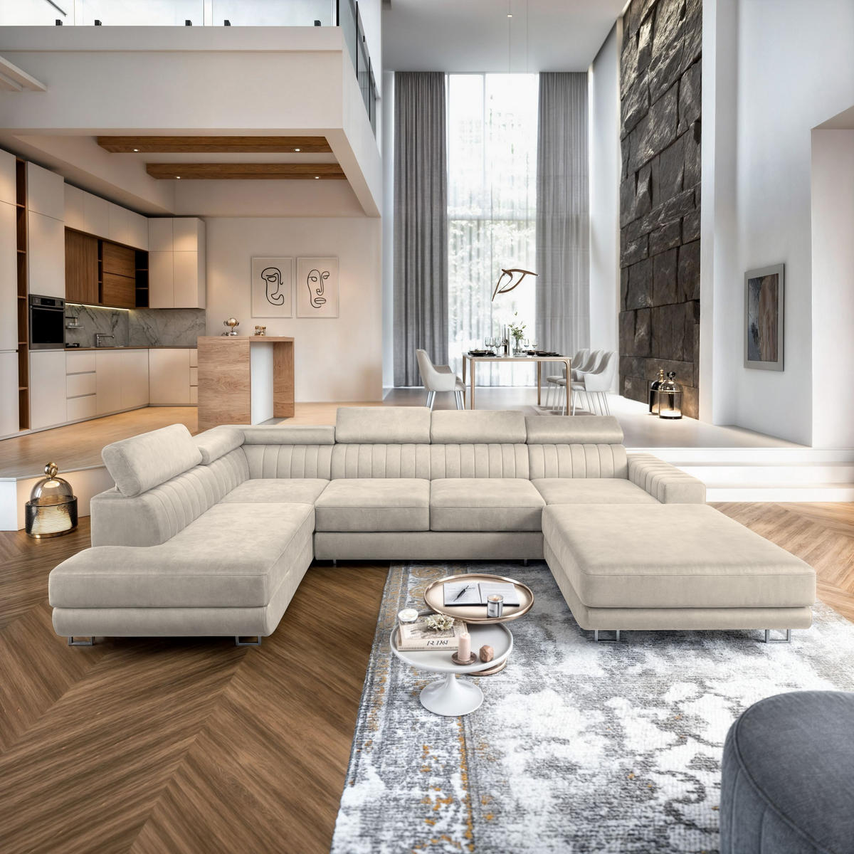 WOHNLANDSCHAFT SIENA L-S Creme Velours-Stoff mit Schlaffunktion - Creme, Holz (335/89/190cm) - MASSENO