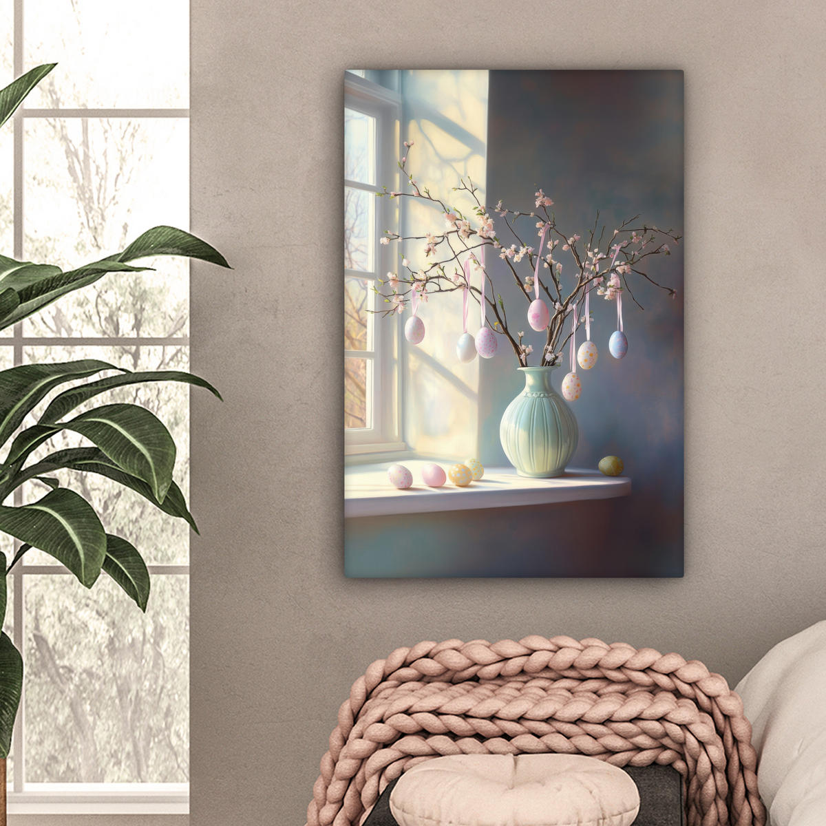 LEINWANDBILD Stillleben - Vase - Osterzweig Wanddeko Schlafzimmer 60x90 cm - Hellblau, Textil (60/90cm) - MuchoWow