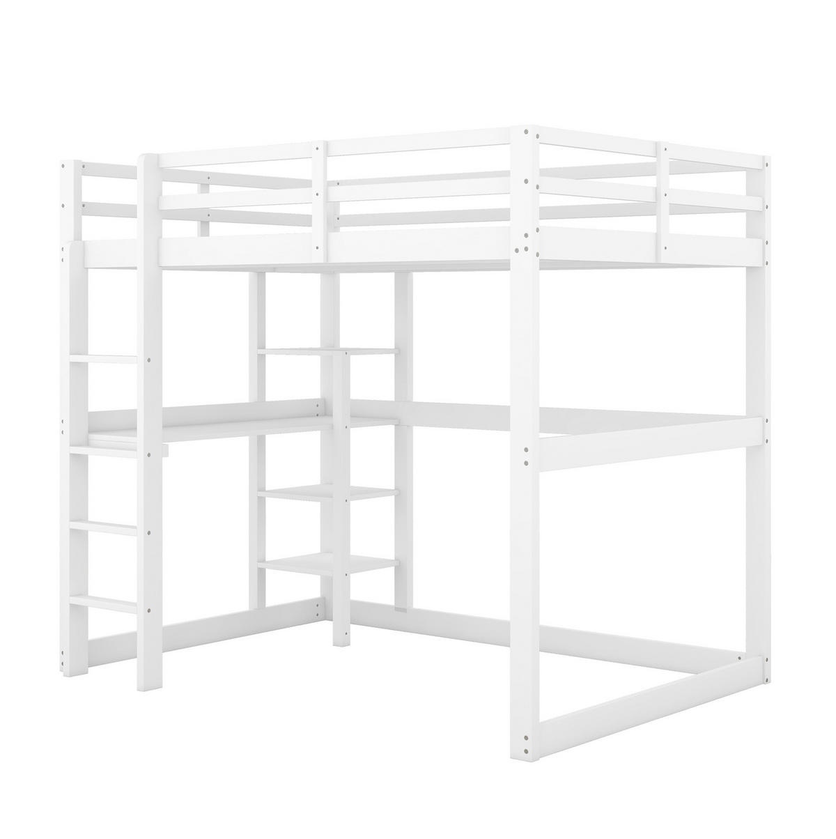 HOCHBETT 140/200 cm in Antikweiß – mit Schreibtisch und 4 Ablagefächern - Weiß, Holz (140/200cm) - BEAOK