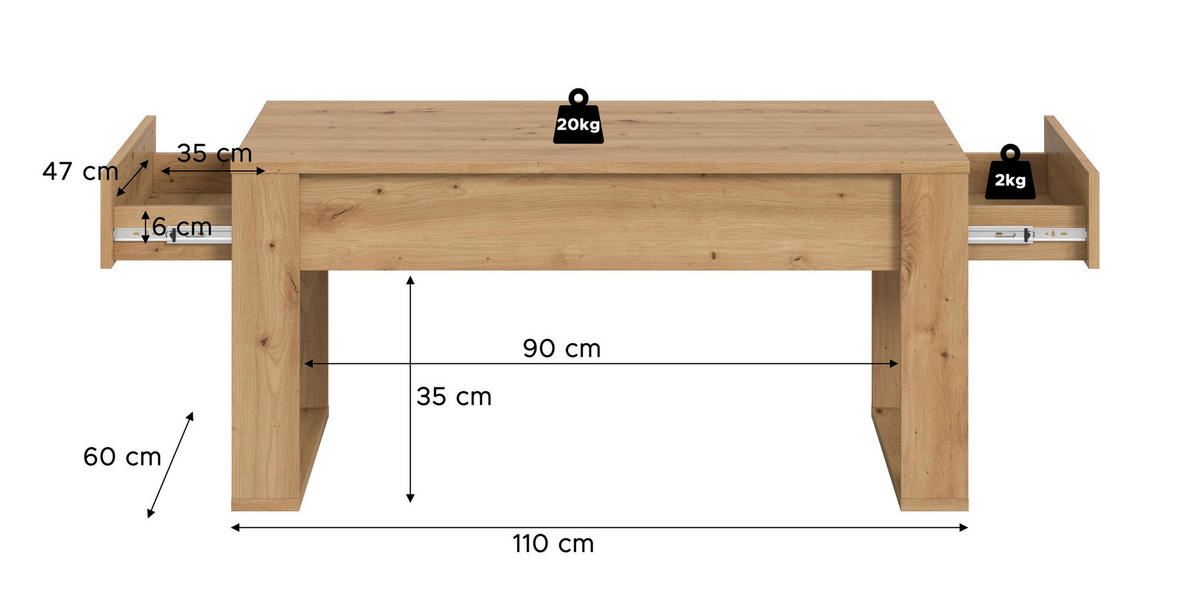 COUCHTISCH MALMÖ (B/H/T: ca. 110/52/60 cm) in Artisan Oak Nachbildung/Artisan Oak Nachbildung - Eiche Artisan, Holzwerkstoff (60/110/52cm)