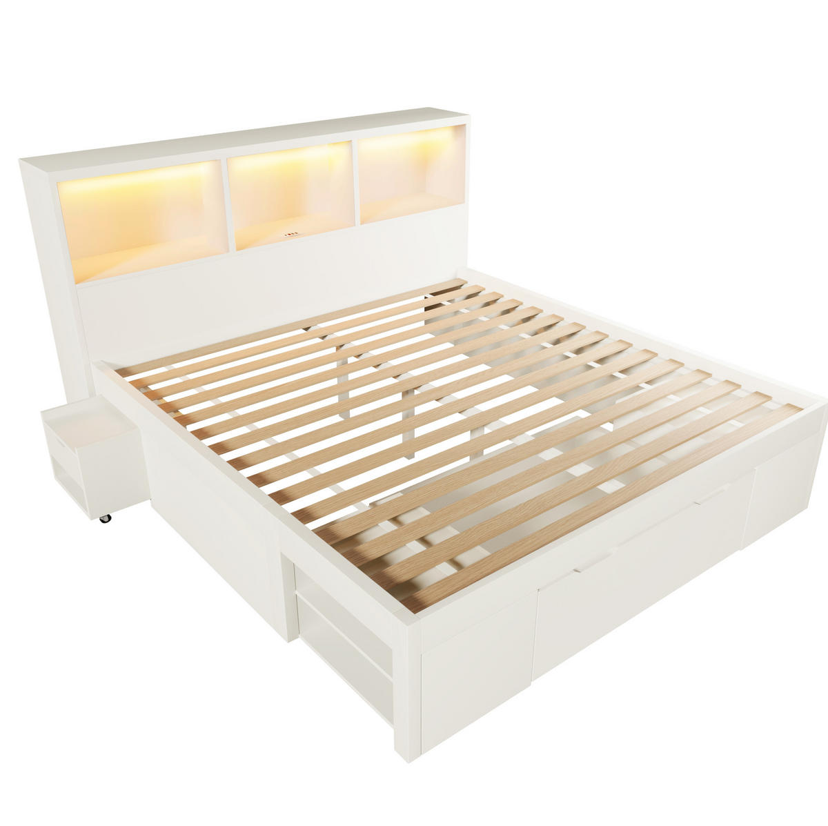 MANŽELSKÁ posteľ 140/190 cm biela z dreva s LED osvetlením USB a 2 pohyblivými nočnými stolíkmi - biela, kompozitné drevo (140/190cm) - OKWISH