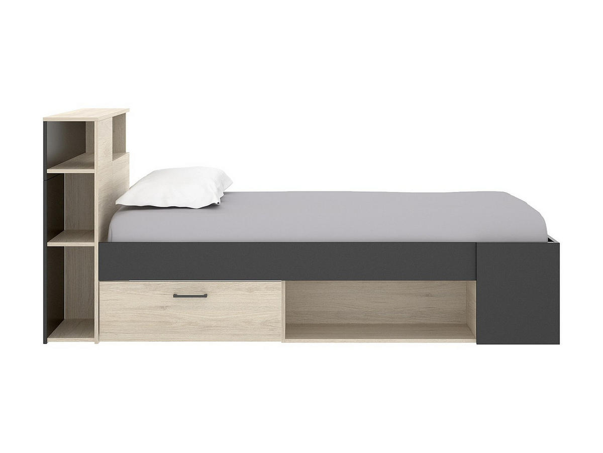 BETT mit Kopfteil, Stauraum & Schubladen - 120 x 190 cm - Holzfarben & Anthrazit + Lattenrost + Matratze - LEANDRE - Anthrazit, Holz (129.6/217.3cm) - Vente-Unique