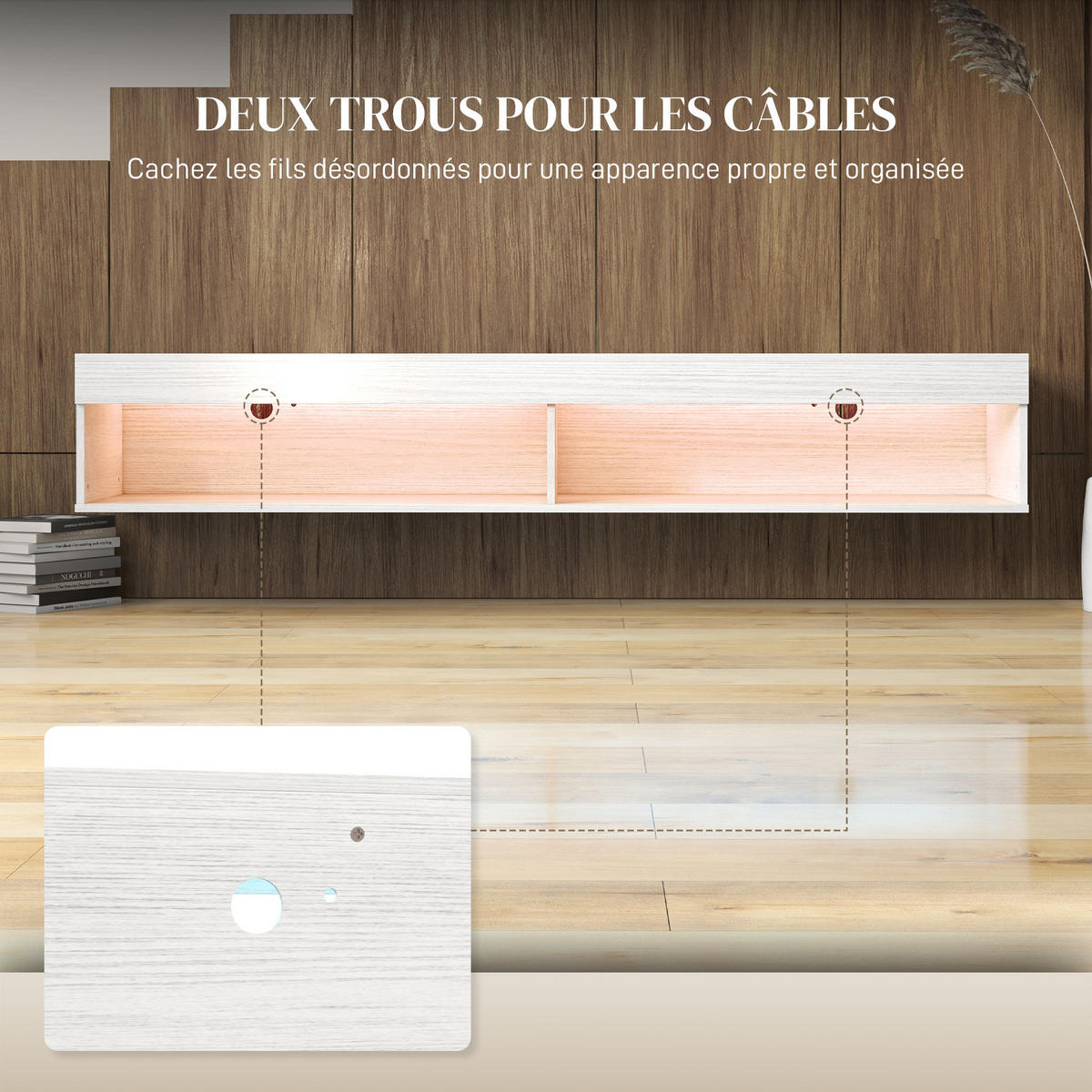 TV-LOWBOARD Weiß 180/40/30 cm, Hängend, LED-Beleuchtung, 2 Klappen - Weiß, Holz (180/30/40cm) - PANGIVO