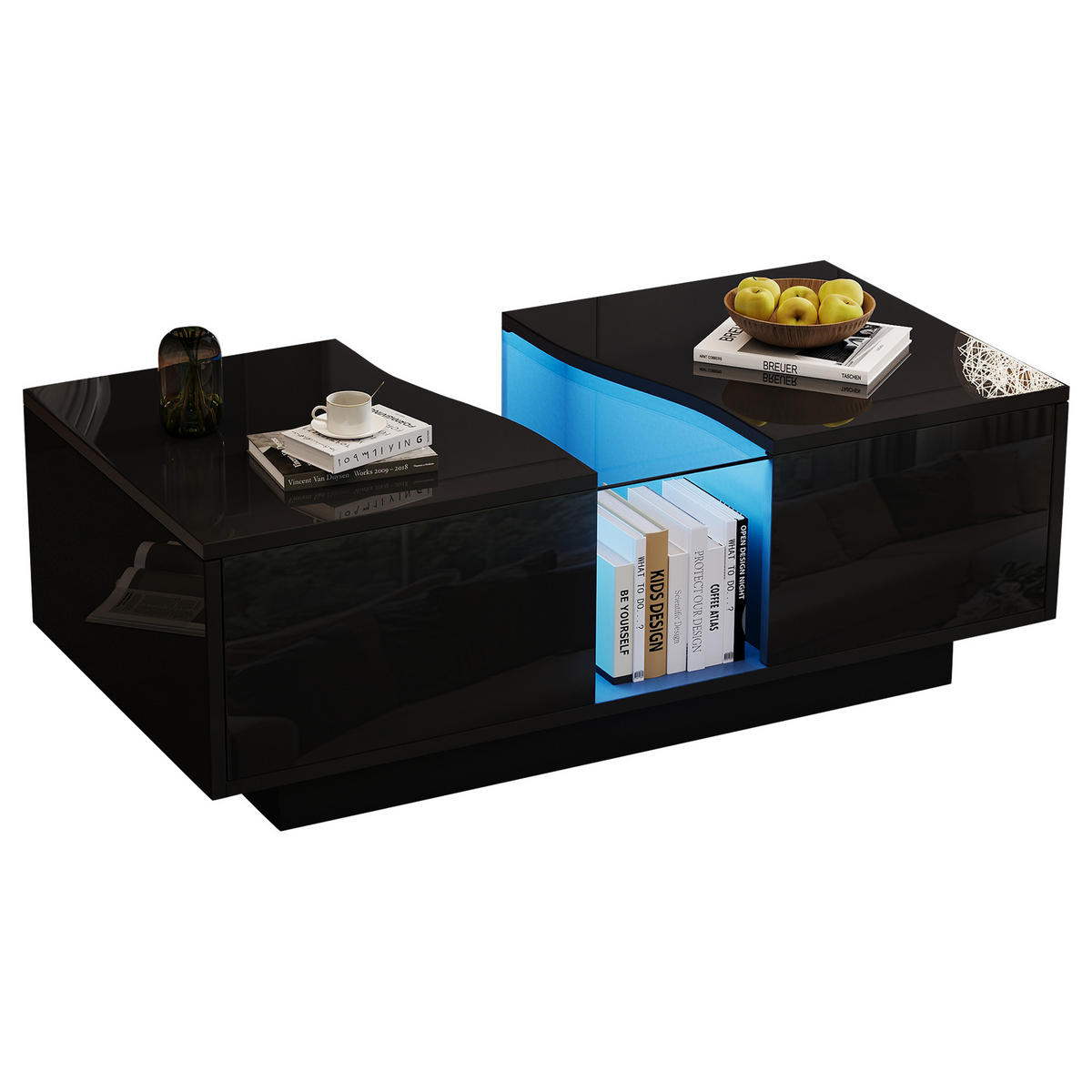 COUCHTISCH 100/50/35 cm schwarz Hochglanz mit 2 Schubladen und LED-Beleuchtung - Schwarz, Holzwerkstoff (100/50/35cm) - OKWISH