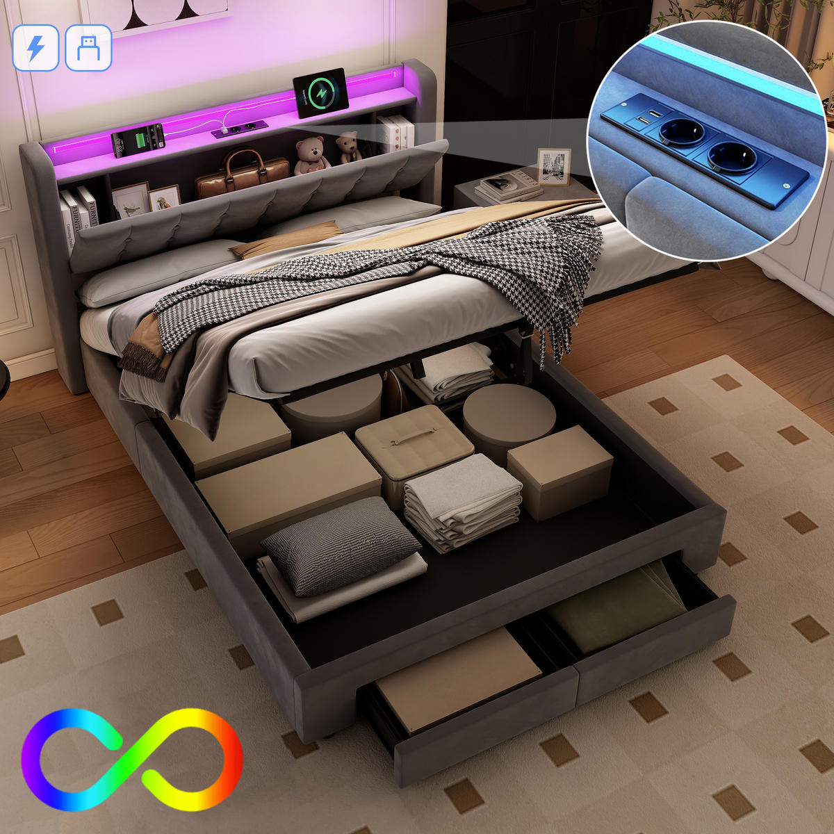 POLSTERBETT 140/200 cm Grau mit LED-Lichtleiste und USB-Anschlüssen - Grau, Holzwerkstoff (140/200cm) - OKWISH
