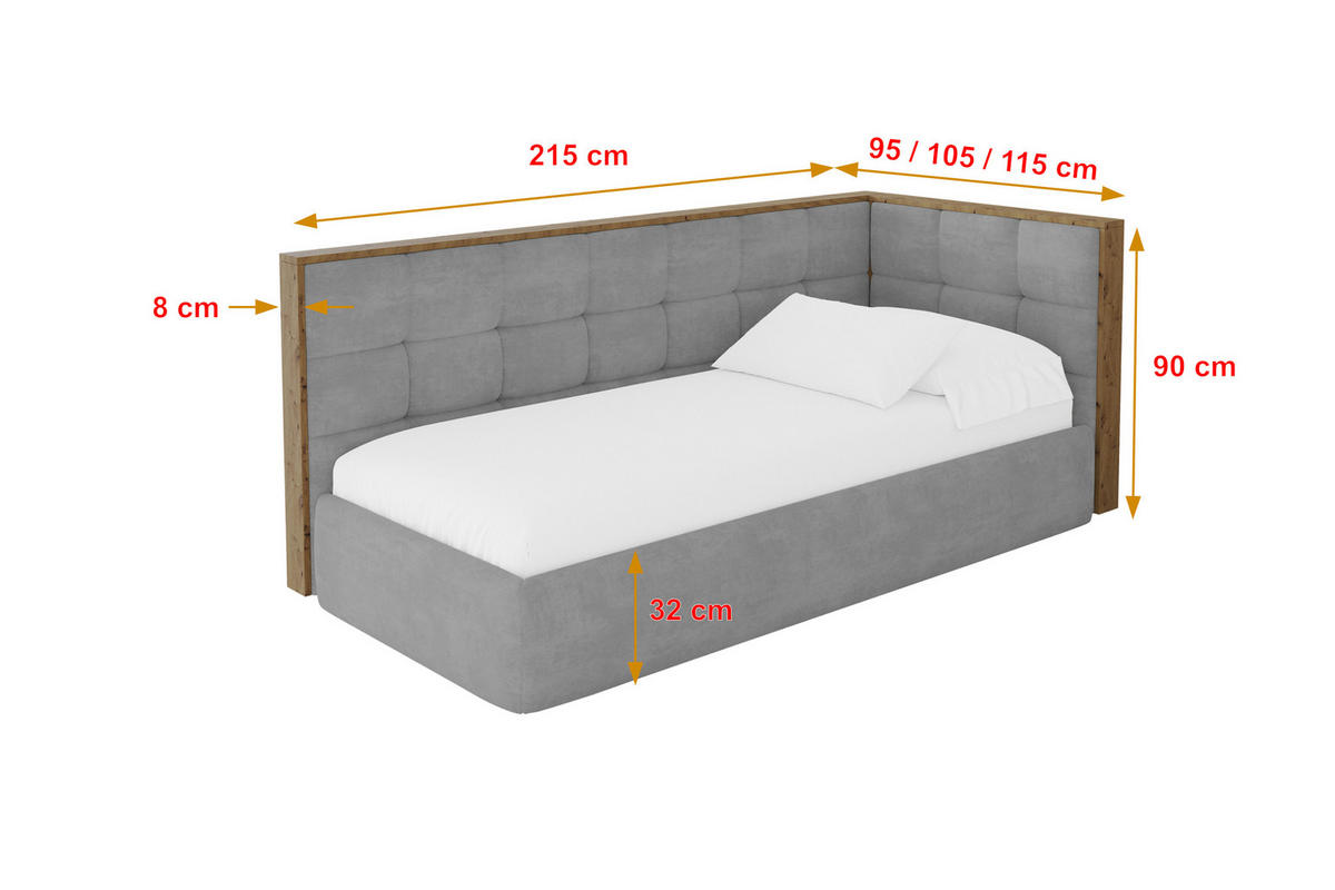 EINZELLBETT Jugendbett mit Bettkasten und Matratze H3/H4, Links - SOVY 90x200 Grau - Hellgrau, Holzwerkstoff/Textil (90/200cm) - ALTDECOR