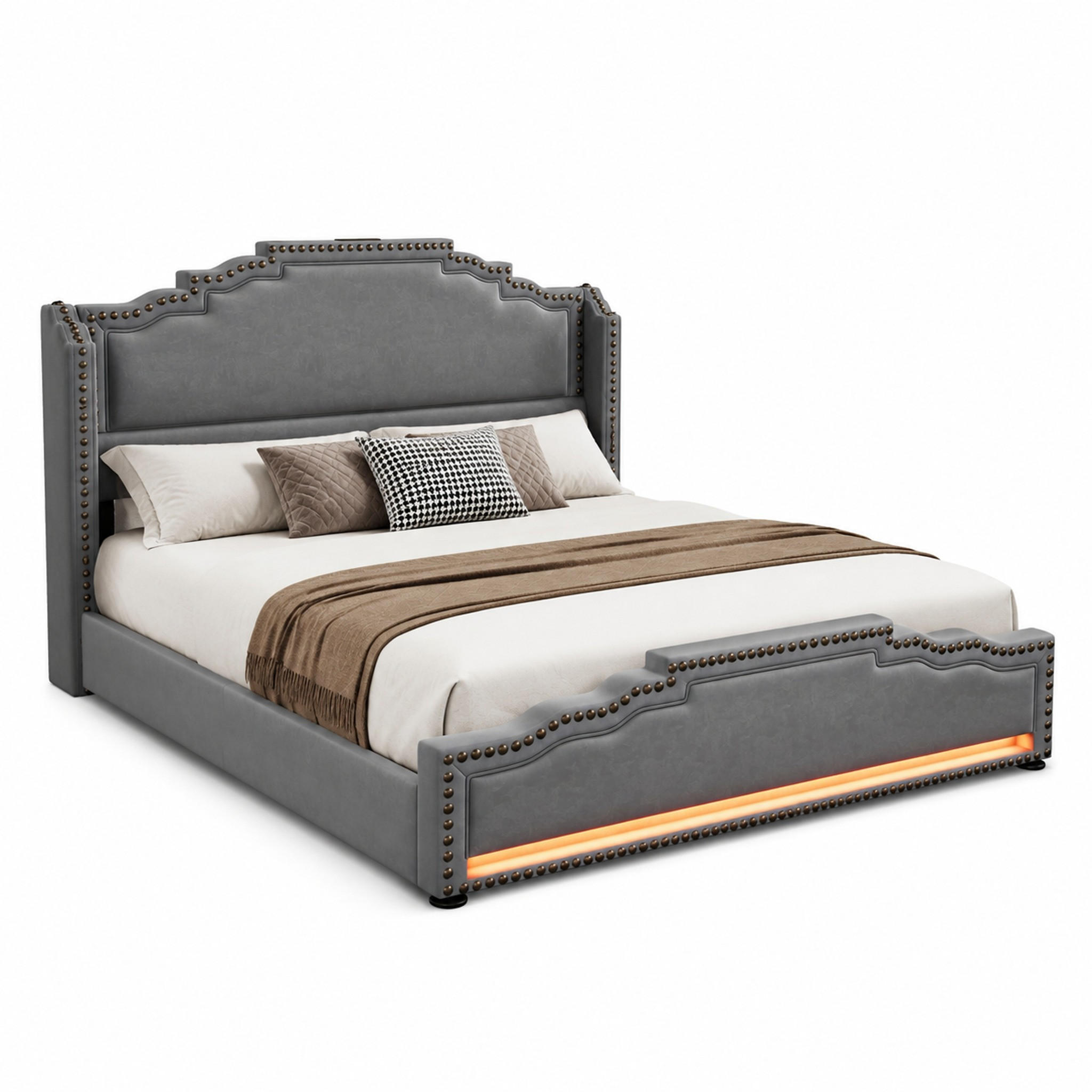 BETT mit Matratze, 4 Schubladen, LED & USB-C 140x200 cm Samt Grau - Grau, Metall (140/200cm) - Meubliv