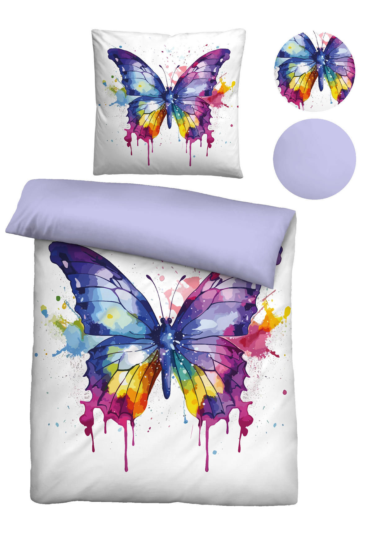 BETTWÄSCHE-GARNITUR Linon Schmetterling bunt, 155x220 cm + 80x80 cm - Multicolor, Textil (155/220cm) - biberna