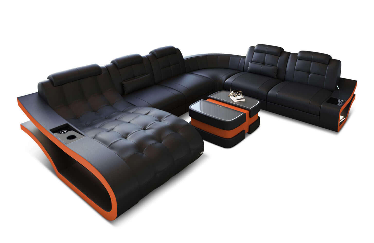 WOHNLANDSCHAFT Elegante Schwarz Orange Büffelleder - Schwarz, Leder (379/91/283cm)