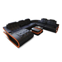 WOHNLANDSCHAFT Elegante Schwarz Orange Büffelleder - Schwarz, Leder (379/91/283cm)