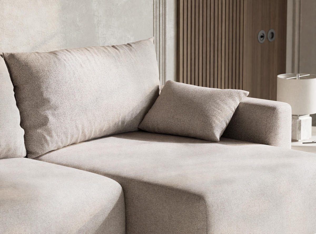 ECKSOFA MIT SCHLAFFUNKTION Leon Hellbeige Webstoff - Beige/Schwarz, Holz/Holzwerkstoff (239/148cm) - Maison de Reve