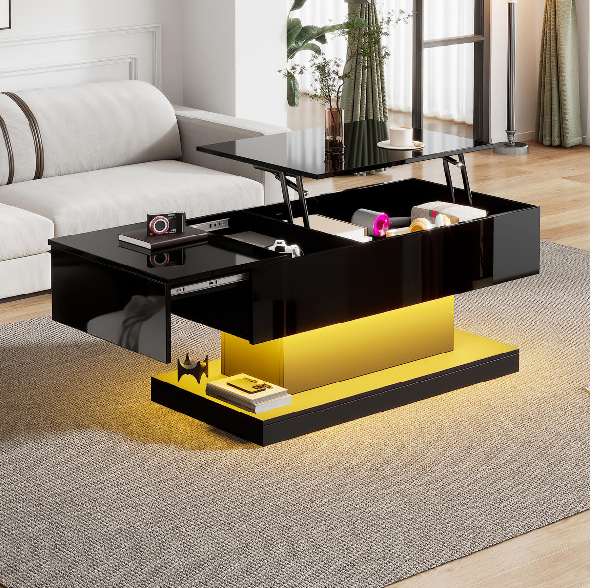 COUCHTISCH 100/50/45 cm in Schwarz mit LED-Beleuchtung und Hochglanz - Schwarz, Holzwerkstoff (100/50/45cm) - Flora Grace