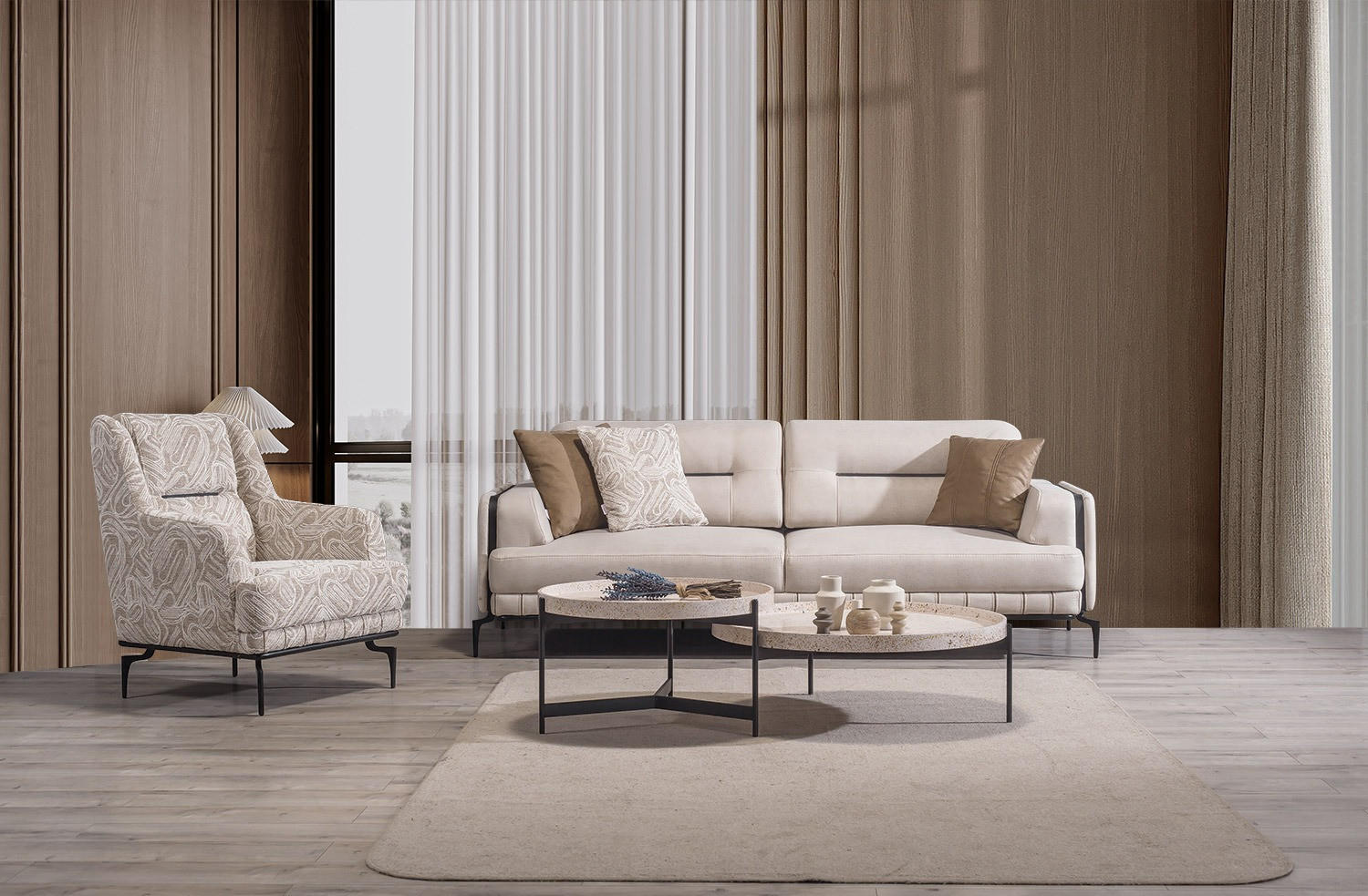 Thumbnail - Villa Möbel Sitzgarnitur, Creme, Holz, 3-Sitzer, 187x82x97 cm, Wohnzimmer, Sofas & Couches, Sitzgarnituren