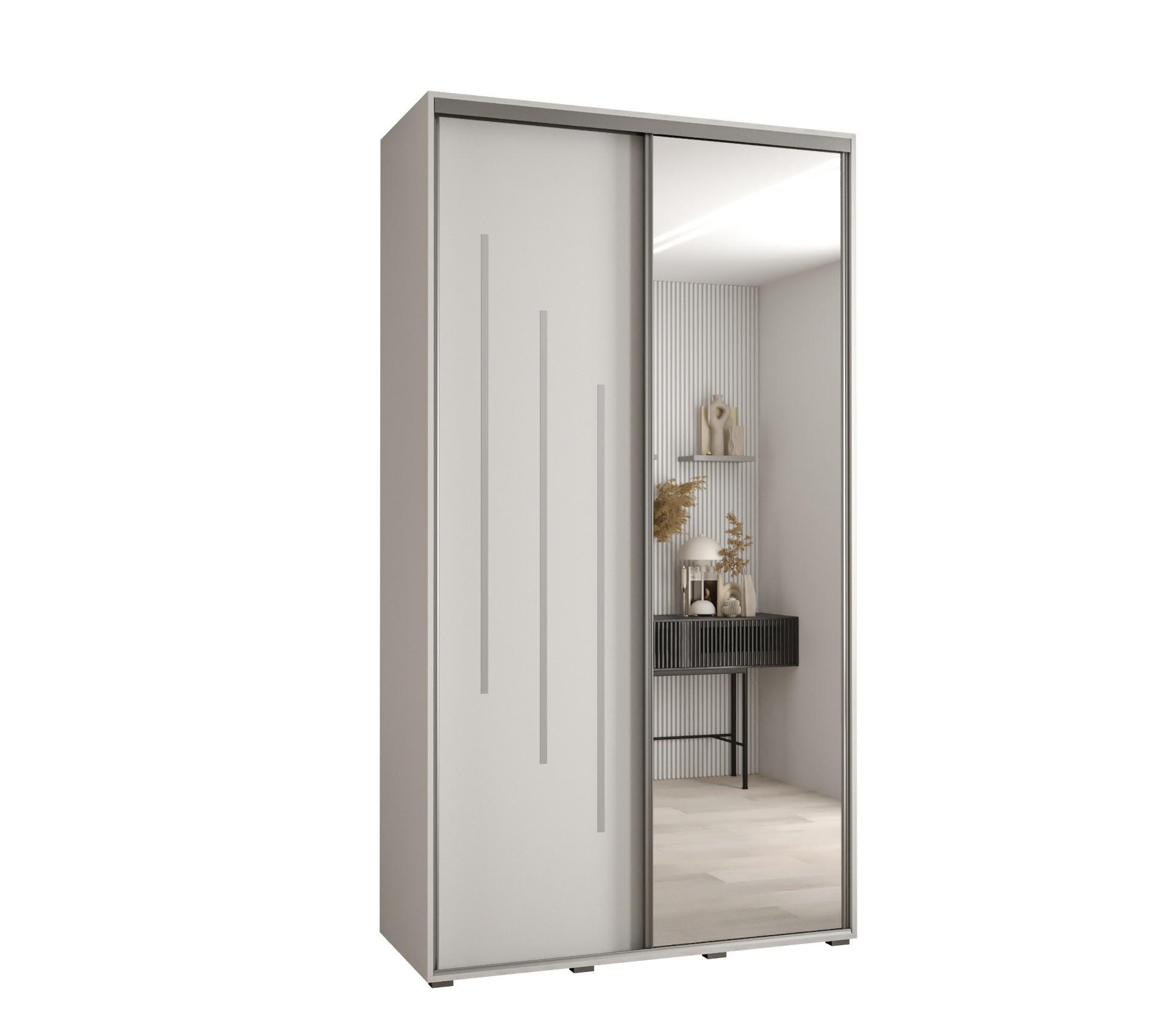 Abiks Möbel Schwebetürenschrank Weiß, Weiß, Silber 140x235x60 cm