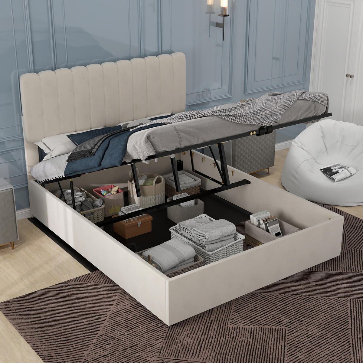 POLSTERBETT 160x200 cm Stauraum hydraulisch beige - Beige, Textil (160/200cm) - LEBENLANG