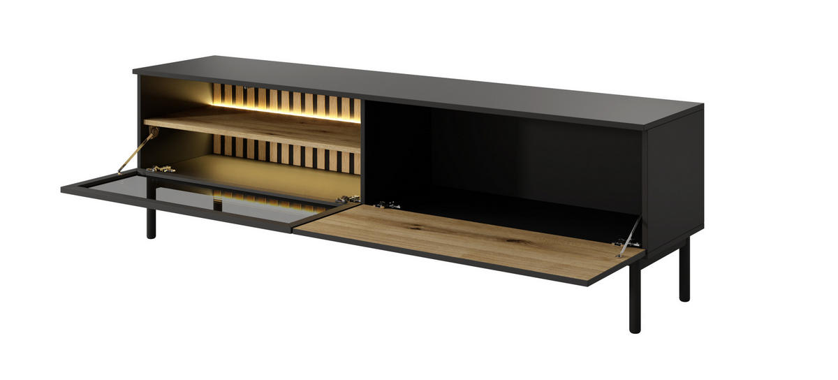 TV-SCHRANK Lango 180 Schwarz mit Eiche Evoke, Tv-Tisch mit Led-Beleuchtung - Hellbraun/Schwarz, Holzwerkstoff (180/55/39cm) - Bettso