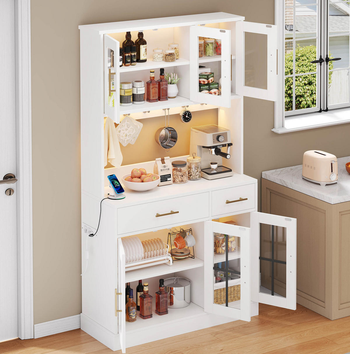 BUFFETSCHRANK 180/100 cm mit LED-Lichtleisten, Steckdose, 6 Türen und 2 Schubladen, Weiß - Weiß, Holzwerkstoff (100/180/40cm) - Redom