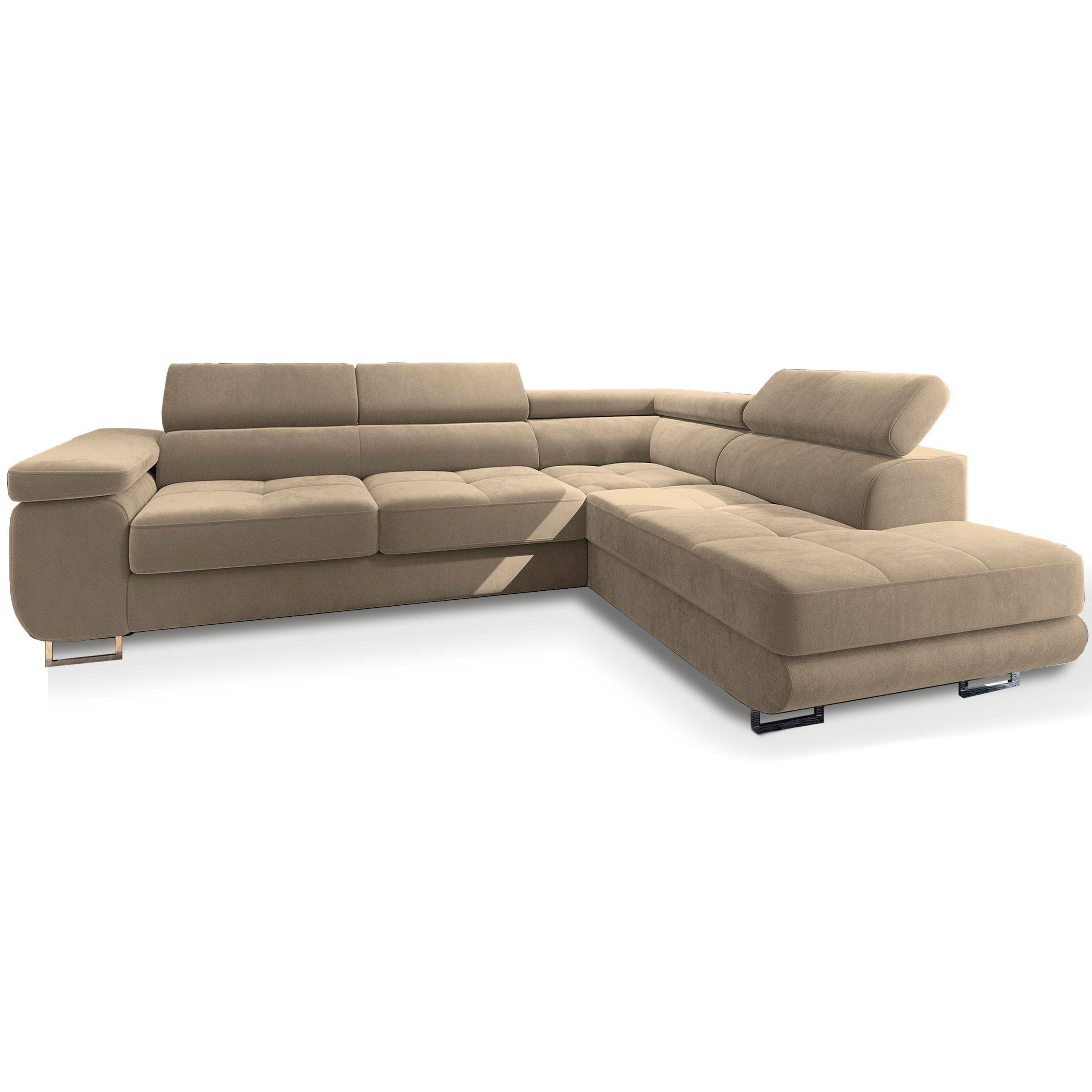 ECKSOFA SELVA R-S Creme Velours-Stoff mit Schlaffunktion - Creme, Holz (275/202cm) - MASSENO
