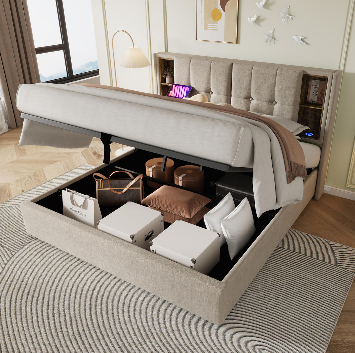 POLSTERBETT 140/200 cm mit Bettkasten, USB-C und kabellosem Laden - Naturfarben, Textil (140/200cm) - BEAOK