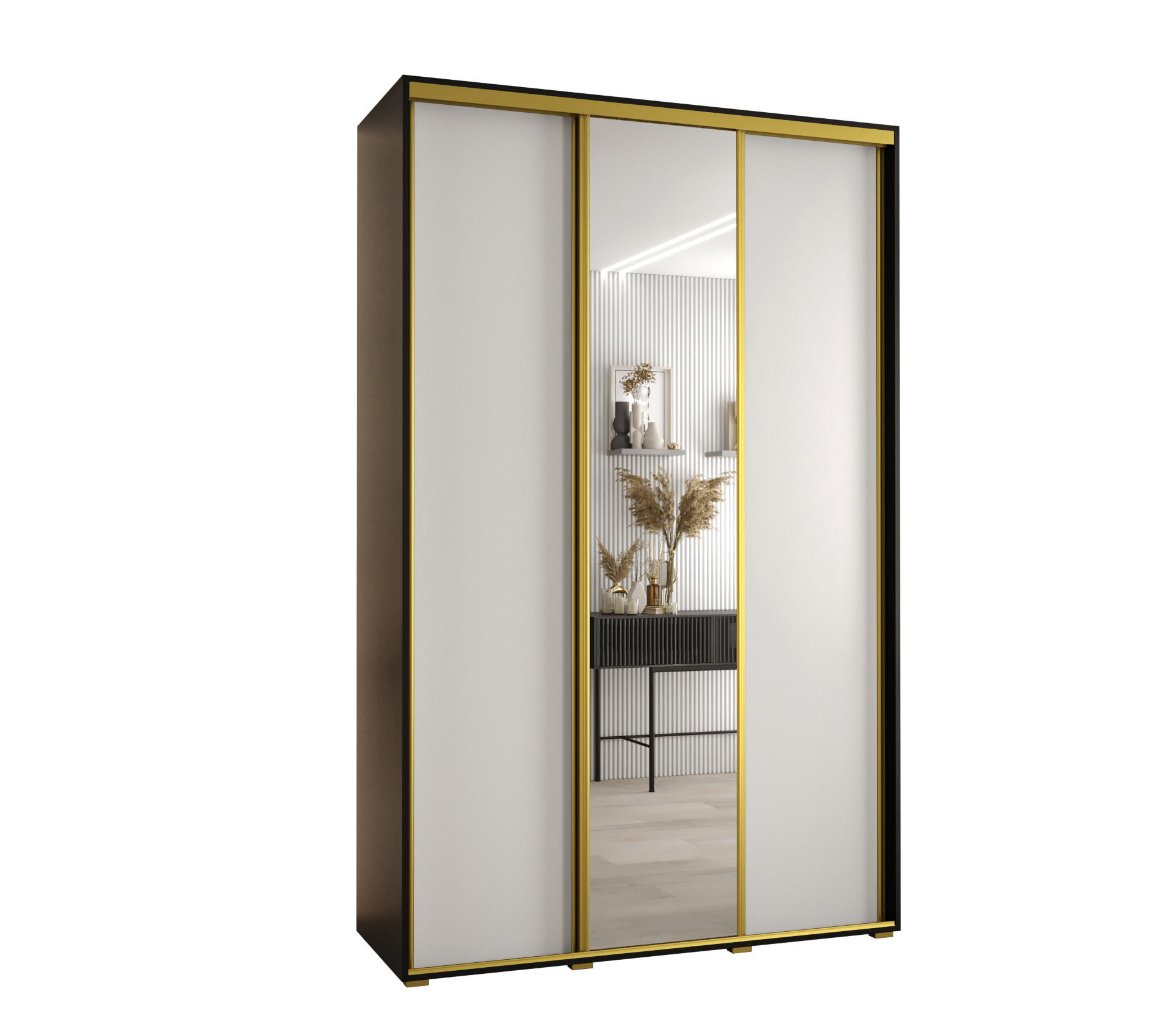 SCHWEBETÜRENSCHRANK 235,2/150/60 3-türig - Goldfarben/Schwarz, Holz/Metall (150/235/60cm) - Abiks Möbel