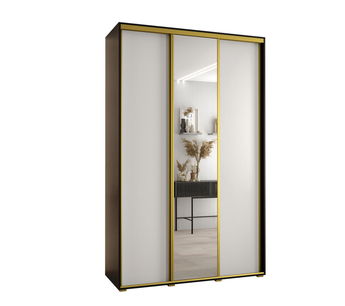 SCHWEBETÜRENSCHRANK 235,2/150/60 3-türig - Goldfarben/Schwarz, Holz/Metall (150/235/60cm) - Abiks Möbel