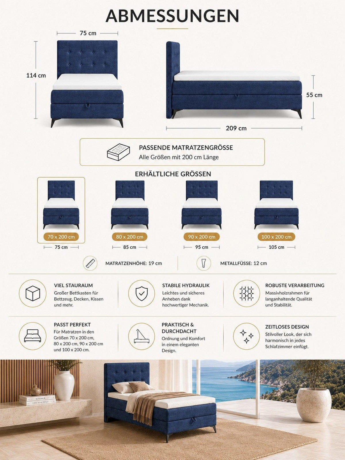 BOXBETT K15 Single SLIM mit Bettkasten & Bonell-Federkern ohne Topper - Dunkelblau, Holz/Textil (200/70cm) - Best For Home