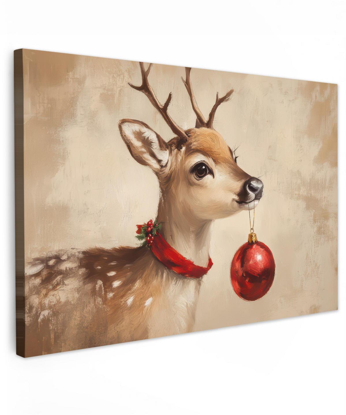 LEINWANDBILD Weihnachten - Hirsch - Geweih - Weihnachtskugel - Rentier Wohnzimmer 120x80 cm - Hellbraun, Textil (120/80cm) - MuchoWow
