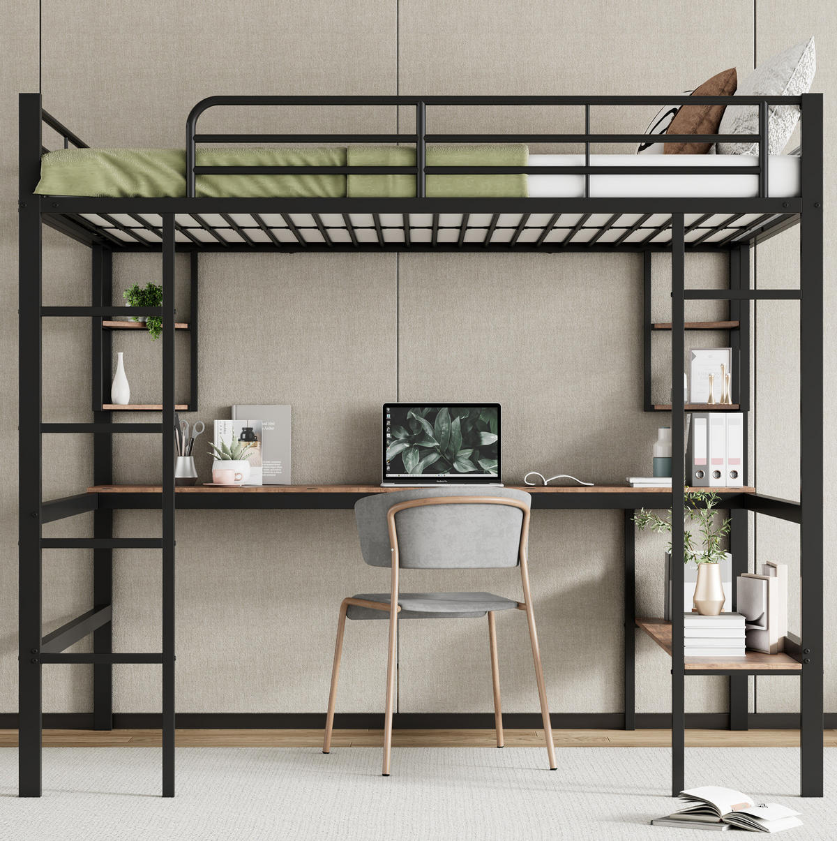 HOCHBETT aus Metall und MDF 140x200 cm Schwarz mit Schreibtisch, Regalen und Bücherregal - Schwarz, Metall (90/200cm) - Modfu
