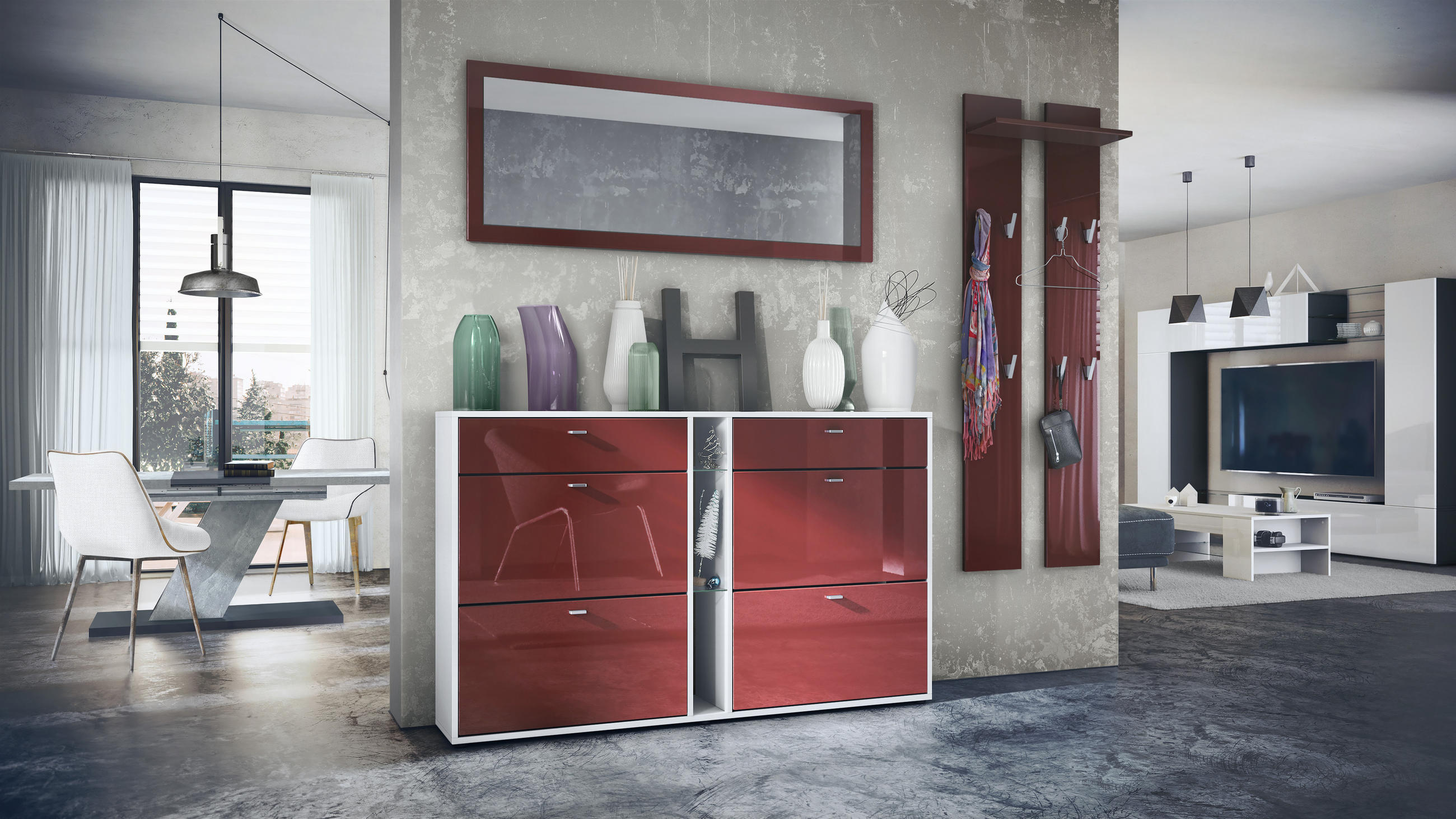 GARDEROBE Orlando Bordeaux Hochglanz - Bordeaux, Holzwerkstoff (215/210/28cm) - Vladon
