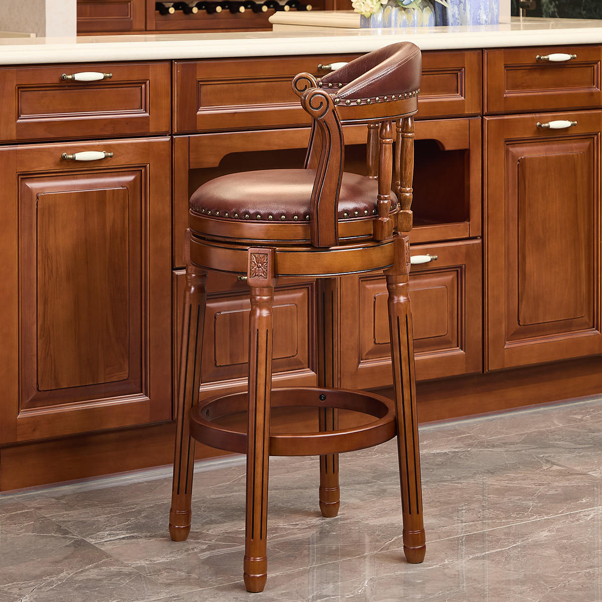 BARHOCKER Braun 1er-Set 360° drehbar mit Echtleder und Rückenlehne - Braun, Holz (54.8/96/54.8cm) - PANGIVO