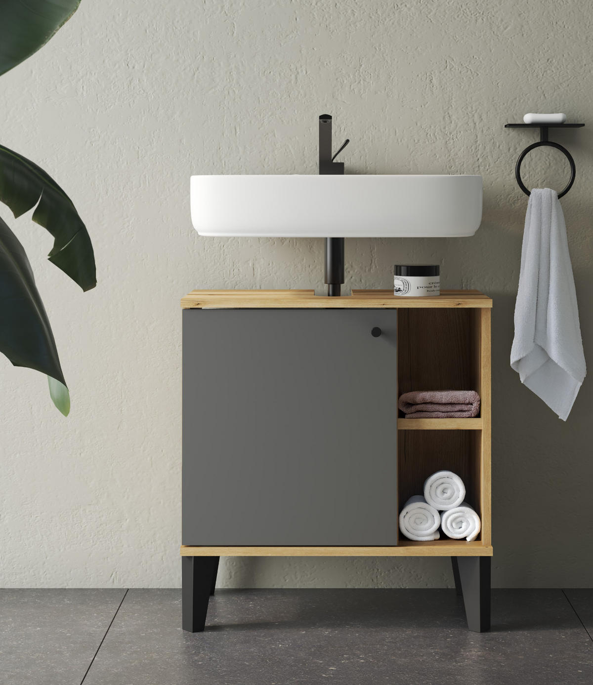 WASCHBECKENUNTERSCHRANK grau, Evoke Eiche, Badezimmer Unterschrank, 60 cm - Eichefarben/Schwarz, Holzwerkstoff/Kunststoff (60/65/33cm) - Furn.Design
