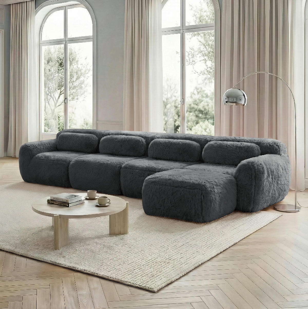 SOFA modular 4-Sitzer L-Form Plüsch Grau - Grau, Kunststoff (179/378cm) - Meubliv