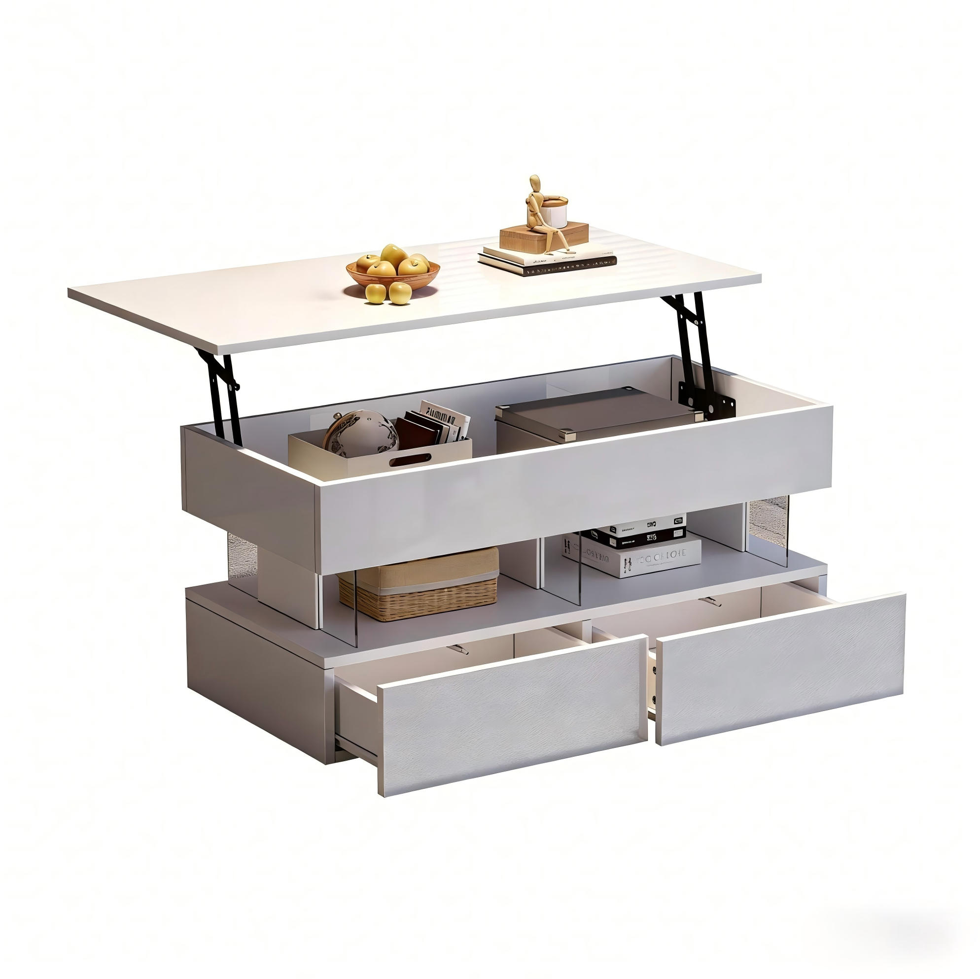 COUCHTISCH 100/50/46 cm weiß aus MDF mit Hubfunktion und LED - Weiß, Holzwerkstoff (100/50/46cm) - OKMYHOME