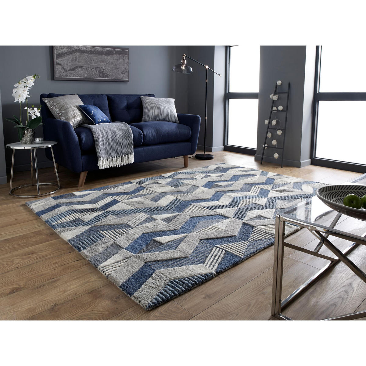 WOLLTEPPICH Zickzack Muster, Geometrisch, Wohnzimmer schmutzabweisend Blau Rechteckig 160x230 - Blau, Textil (160/230cm) - KADIMA DESIGN