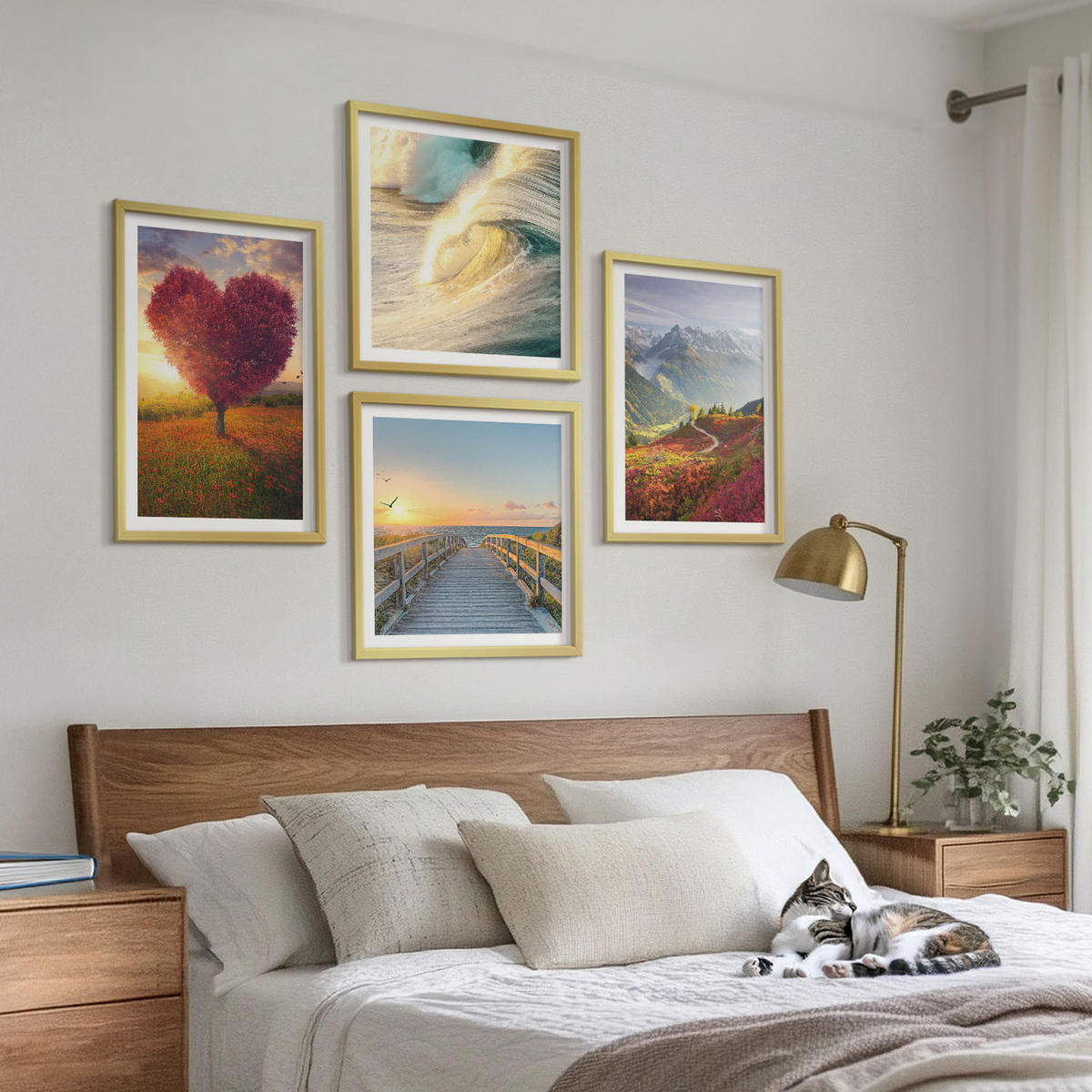 BILDER SET 4er Set - 50x50 cm & 40x60 cm Goldrahmen - Landschaften Berge Wellen Baum Herz Pier - Goldfarben, Kunststoff (50/50cm) - TULUP