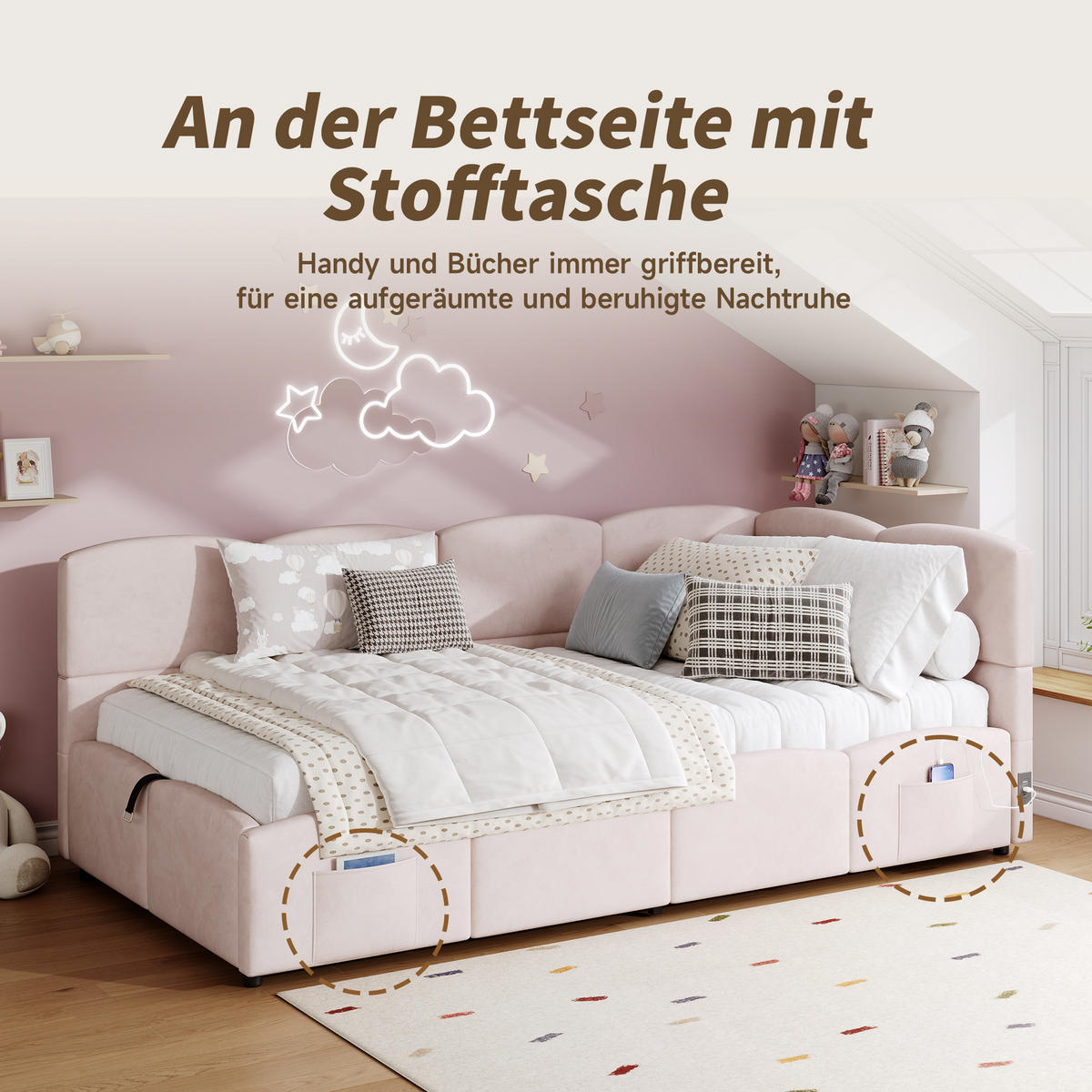 SCHLAFSOFA 90/200 cm in Pink Samt mit Bettkasten, USB und Stautasche - Rosa, Holzwerkstoff/Textil (90/200cm) - STILVORA