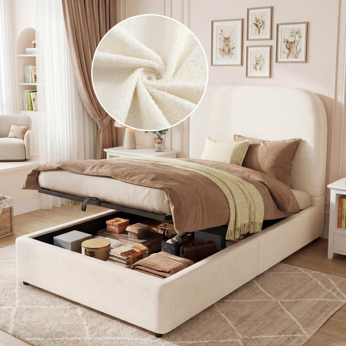 POLSTERBETT 90/200 cm in Beige mit Bettkasten und Lattenrost Bouclé - Beige, Holzwerkstoff/Textil (90/200cm) - STILVORA