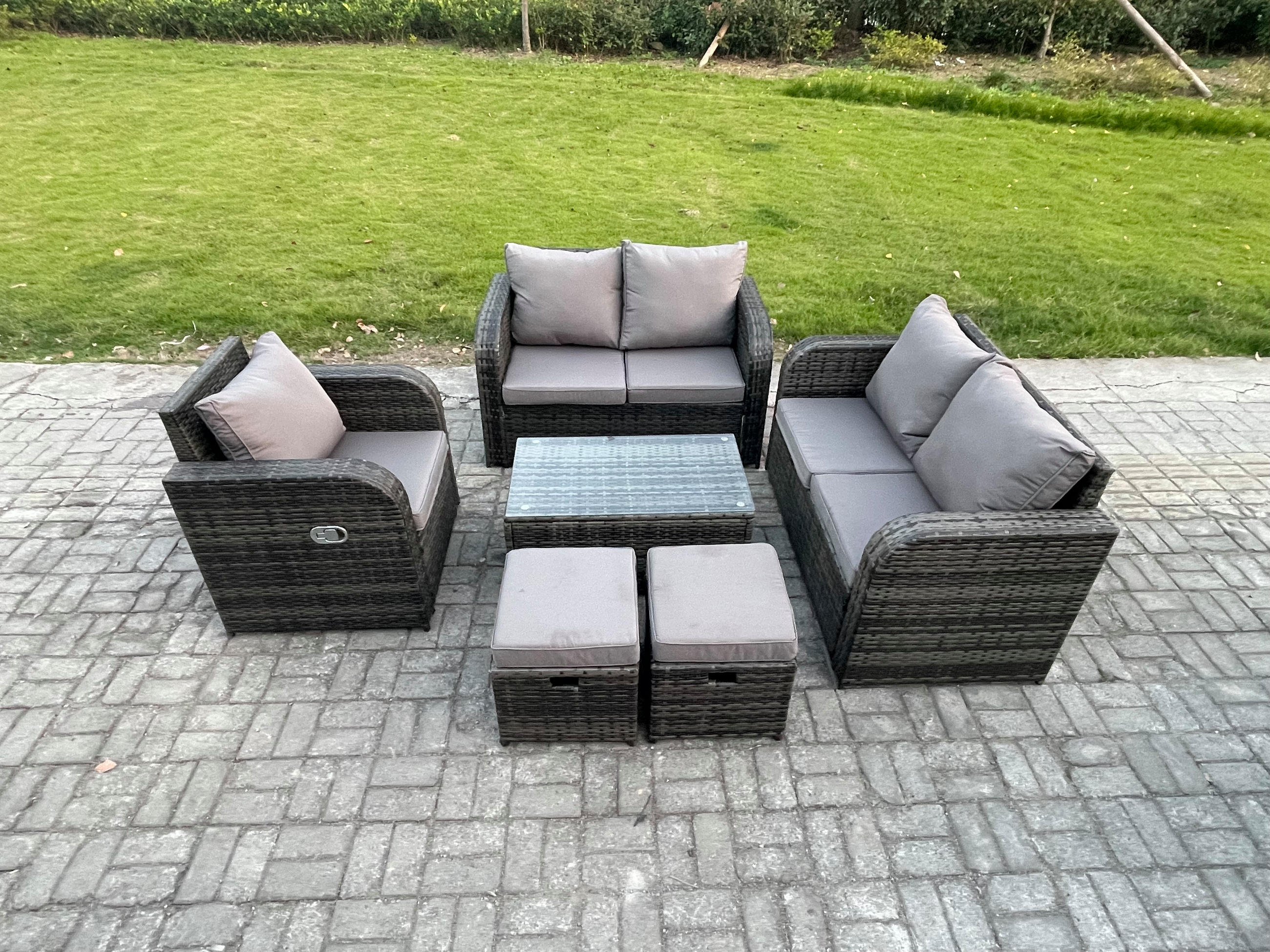 LOUNGESOFA-SET Polyrattan Dunkelgrau 7-Sitzer - Dunkelgrau, Metall - Fimous