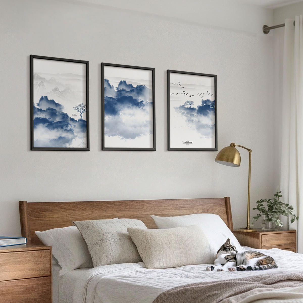 BILDER SET 3er Set - 40x60 cm Schwarzer Rahmen - Berge, Wolken, Bäume, Vögel - Schwarz, Kunststoff (40/60cm) - TULUP