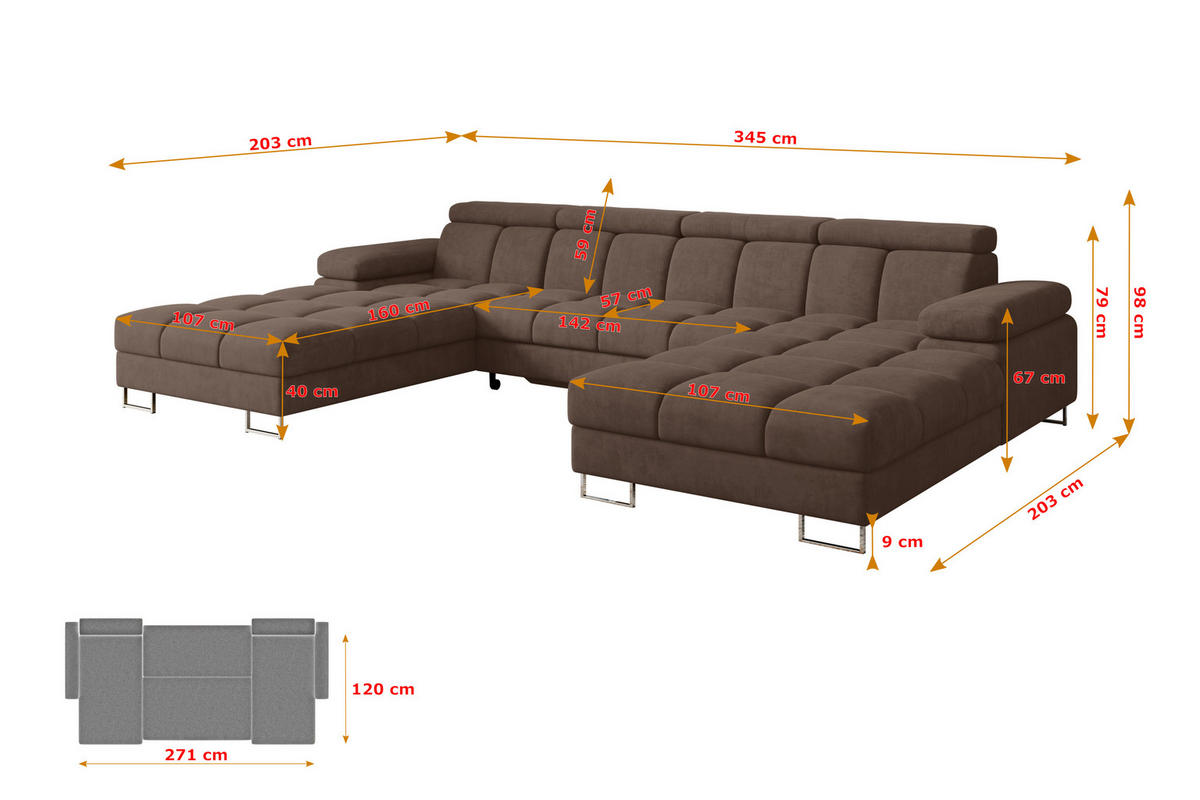WOHNLANDSCHAFT mit Schlaffunktion und Bettkasten COMA U2 345x203x79 Braun Velours - Braun, Holzwerkstoff/Textil (345/79/203cm) - ALTDECOR