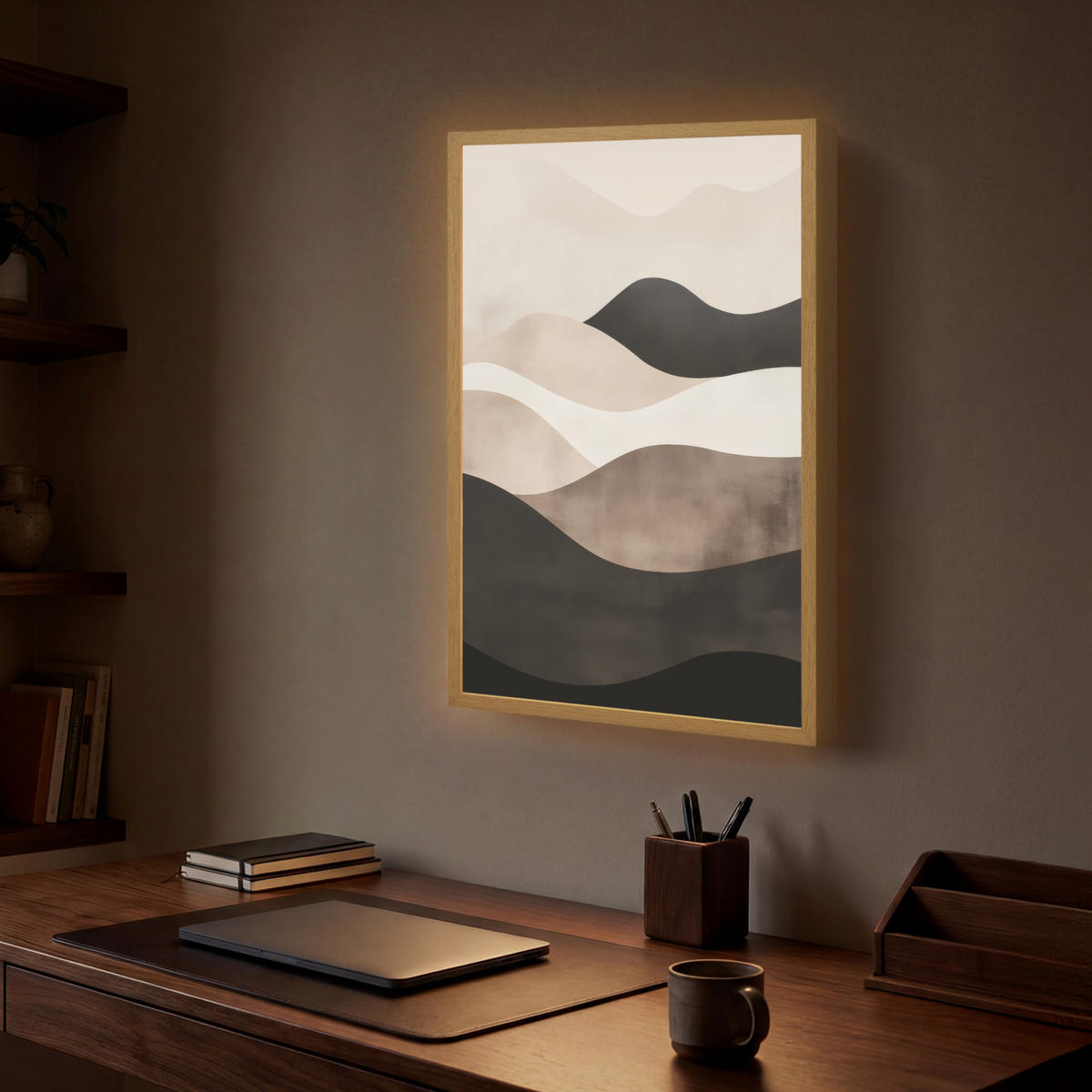 NÁSTĚNNÁ LAMPA S AKUMULÁTOREM Abstraktní - Krajina - Vlny - Krémová barva 40x60 cm - šedohnědá, kompozitní dřevo (40/60/8cm) - OnlyWow