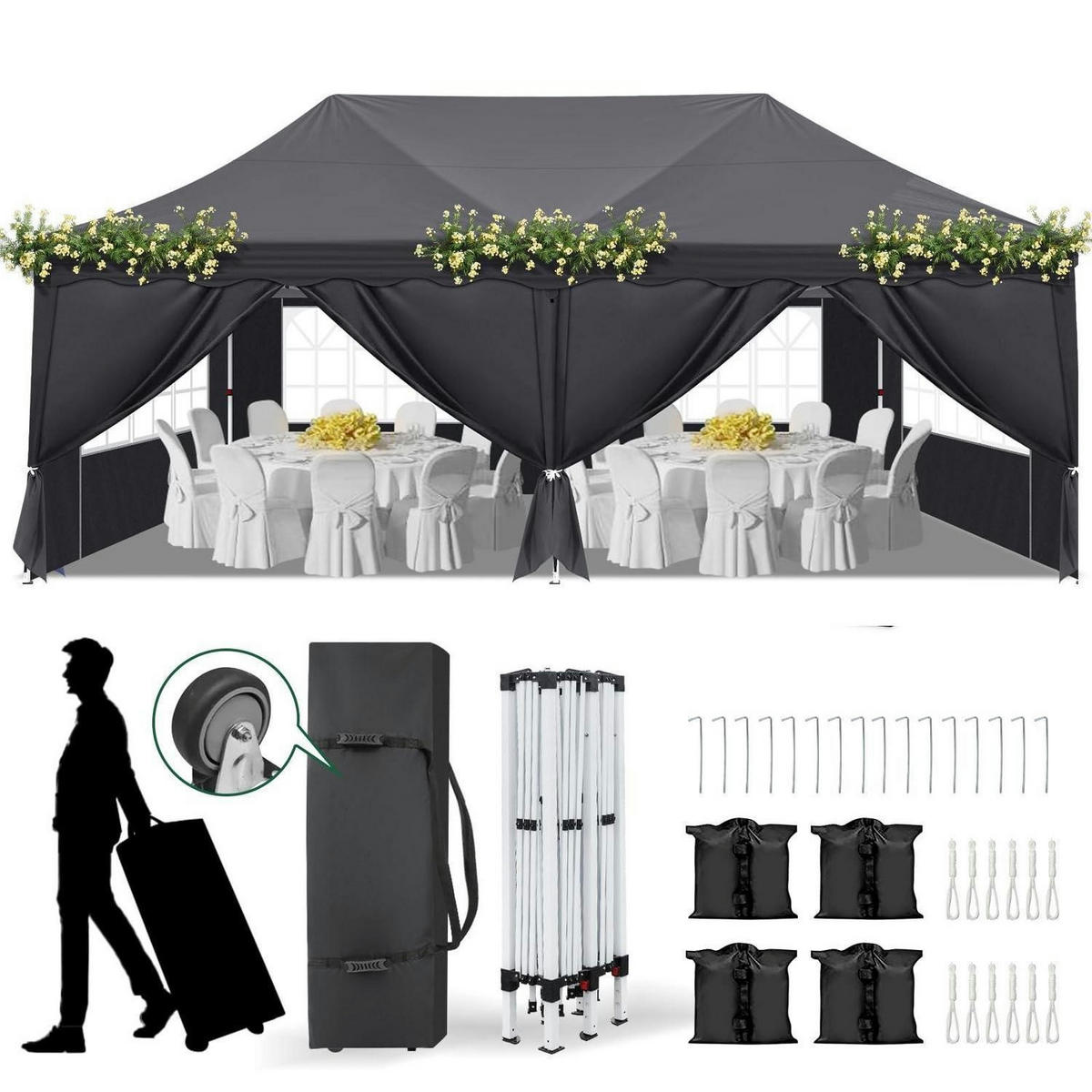 FALTPAVILLON 3x6m Dunkelgrau Wasserdicht UV-Schutz 50+ Textil - Anthrazit, Textil (300/316/600cm)