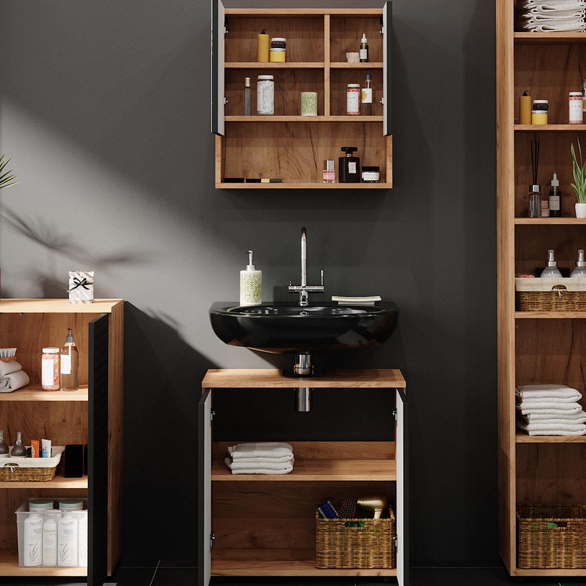 BADMÖBEL-SET Irma Anthrazit gepunktet 4 Teile mit Hochschrank und Kommode - Anthrazit/Eiche Wotan, Holzwerkstoff (80/58.6/41cm) - Vicco