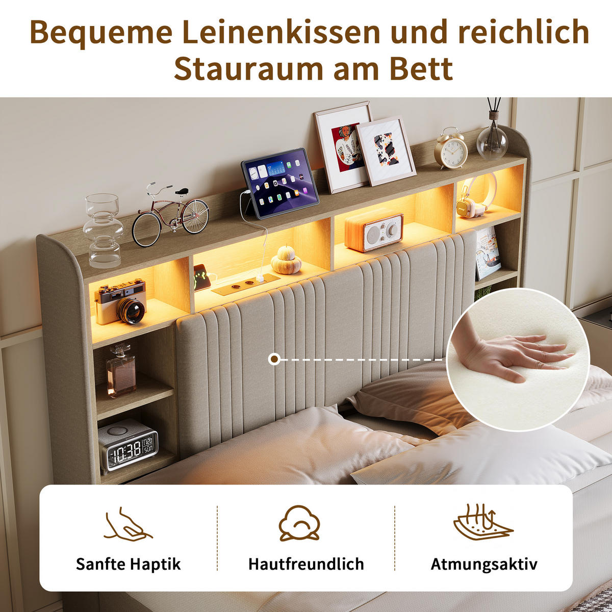 POLSTERBETT 160/200 cm Beige mit 4 Schubladen, LED-Kopfteil mit Ablage und USB - Beige, Metall (160/200cm) - EuroLiving